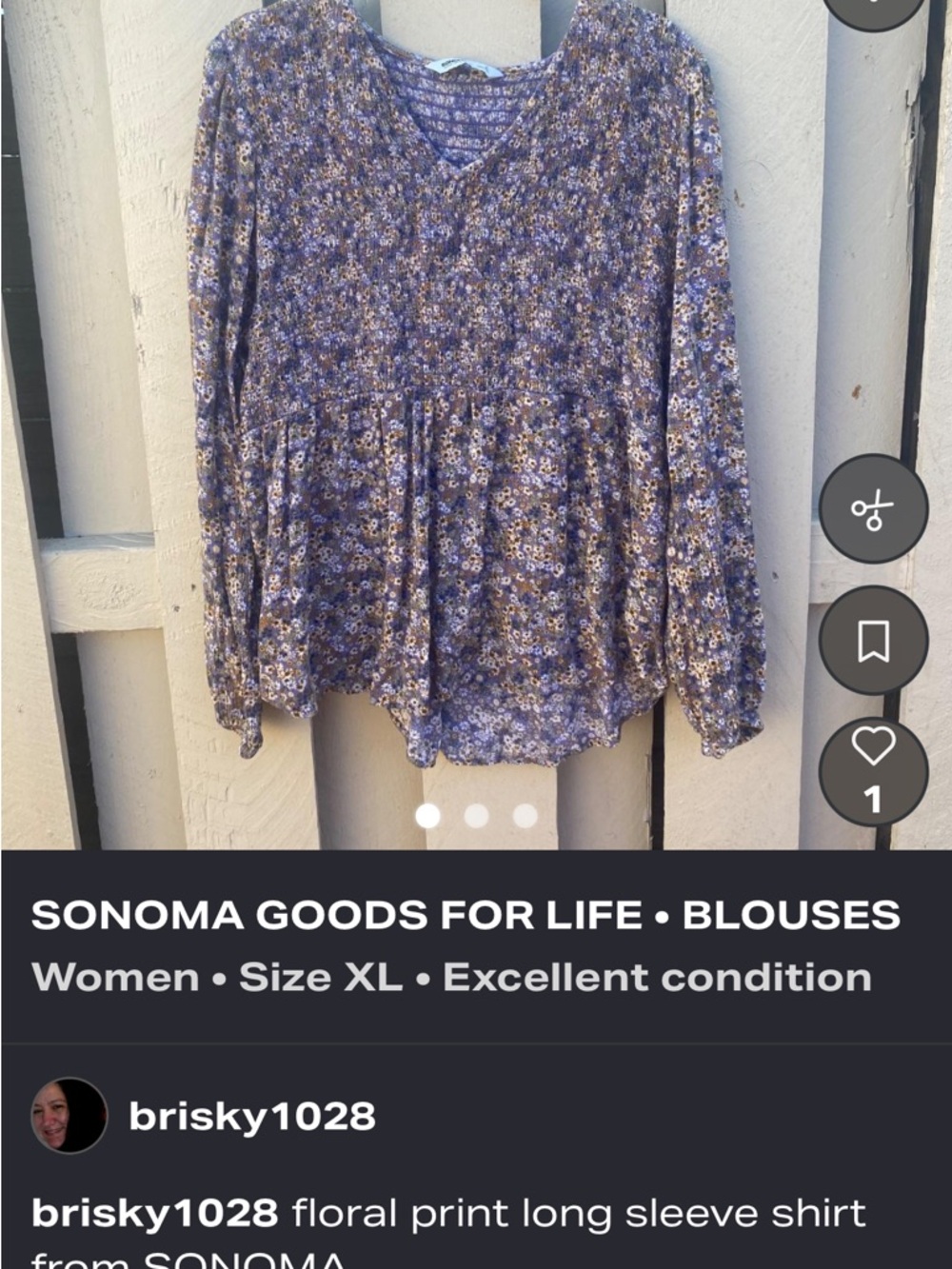 Sonoma Lavender Floral V-Neck Long Sleeve Peplum Blouse